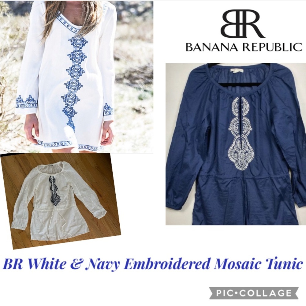 Banana Republic White And Blue /Navy White Embroidered Mosaic Tunic beads